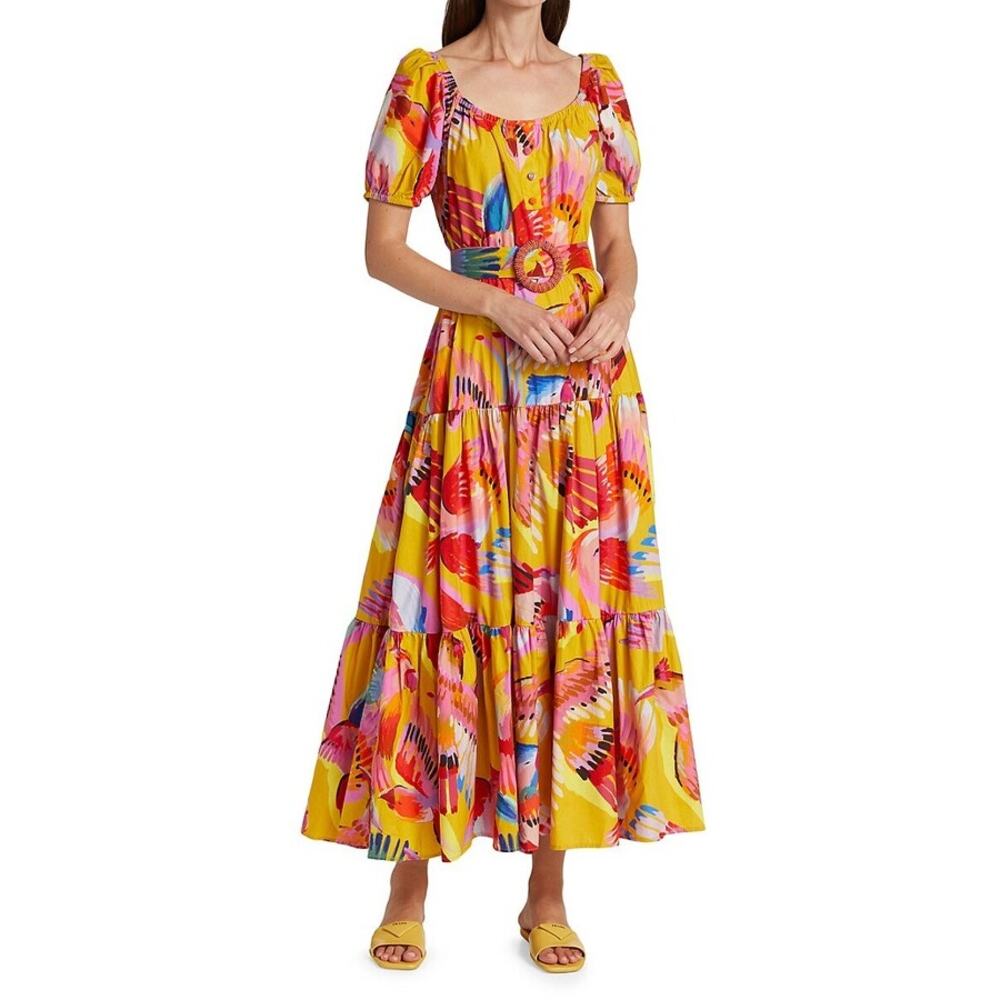 Farm Rio Macaws Maxi Dress Yellow Pink Puff sleeve Tiered Button Front Size M‎